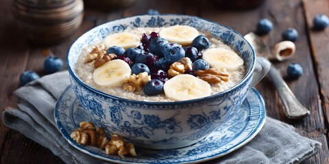 Healthy Breakfast Bowl with Oatmeal, Blueberries, Banana Slices, and Walnuts