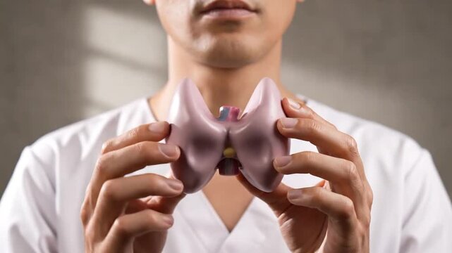 Close Up of Thyroid Model Held by Person in White Scrub Top Showing Anatomical Details for Medical Study in Studio Lighting and Blurred Background for Healthcare Related Promotion