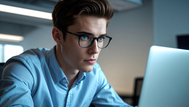 Focused man working laptop modern office light blue shirt glasses concentration productivity serious expression professional generative AI