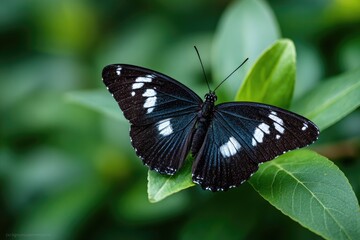 Obraz premium A striking black and white butterfly with detailed markings, resting on a vibrant green leaf