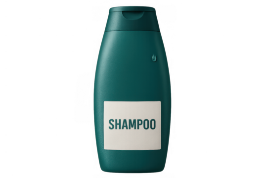 Teal plastic shampoo bottle with blank label for branding mockup demonstrating personal hygiene and hair care product