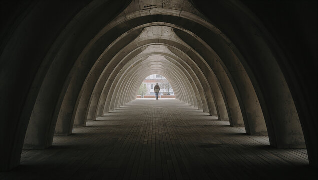 Curved archway modern building concrete wooden floor symmetrical arches person walking shadow peaceful contemplative depth dimension architectural design generative AI