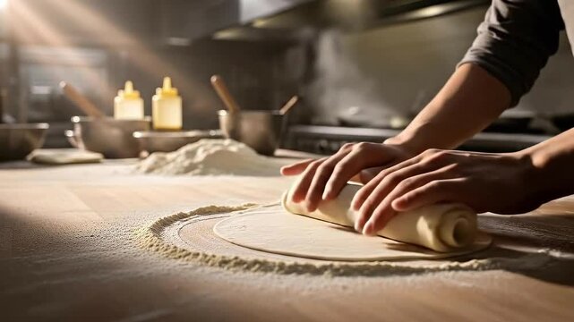 Close Up Rolling Dough with Flour on Wooden Table in Kitchen with Warm Lighting Cooking Preparation Kneading Food Preparation Culinary Art and Traditional Baking Process for Restaurants 199char