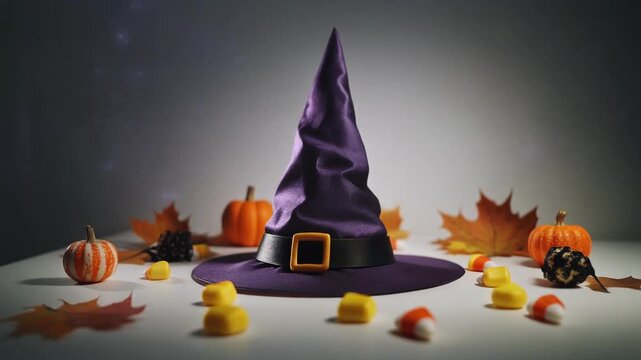 Halloween Themed Flat Lay Composition with Orange Mini Pumpkins, Black Witch Hats, Candy Corn, Black Paper Bats, and Orange Autumn Maple Leaves on a White Background