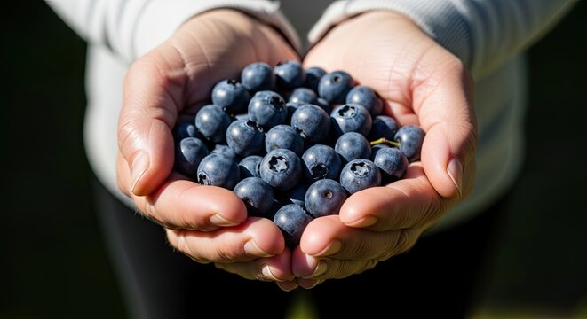 A person's cupped hands offer a handful of fresh, ripe blueberries, with a focus on the vibrant fruit under bright natural sunlight against a soft-focus background - Powered by Adobe