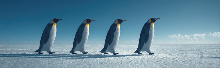 Fototapeta premium Four penguins walk in a line across a snowy landscape, under a clear, bright blue sky