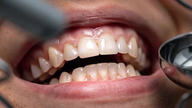 Close Up Teeth Exam with Dental Instruments on Open Mouth Showing Healthy Gums and Bright Enamel in a Dentist Clinic for Healthcare and Hygiene Promotion and Awareness Campaigns