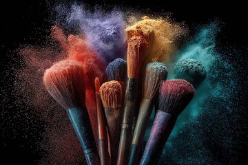 Colorful makeup brushes surrounded by vibrant powder pigments create an artistic display, showcasing beauty tools and their creative potential in a visually striking composition