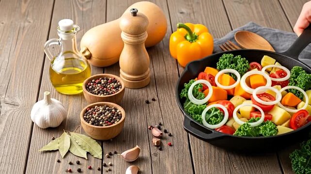 Colorful Vegetable Stir Fry Close Up on Rustic Wood Surface with Pepper Mill and Olive Oil Preparation, Healthy Meal Ingredients Arrangement on Grey Tablecloth Cooking at Home 198