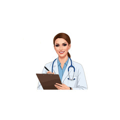 Fototapeta premium Female Doctor Holding Clipboard and Pen in Medical Setting.