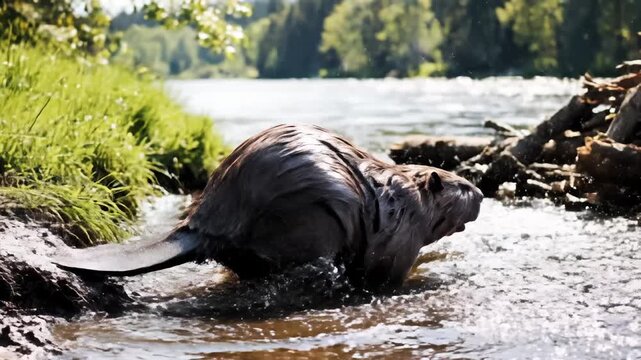 Beaver Slapping Tail on Water to Make Splash, Side View