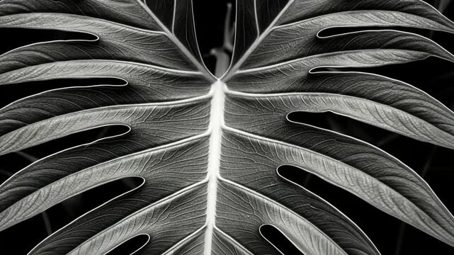 Monstera Leaf Close Up Black and White Macro Photography.