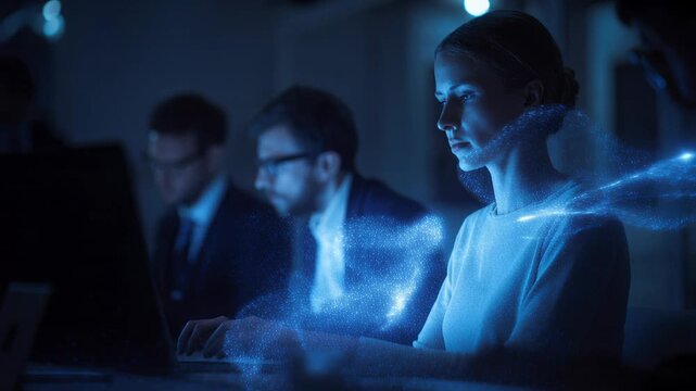 team at laptop with glowing network particles, software engineers collaborate late-night in modern office analyzing data visualization and algorithm flows, - Powered by Adobe