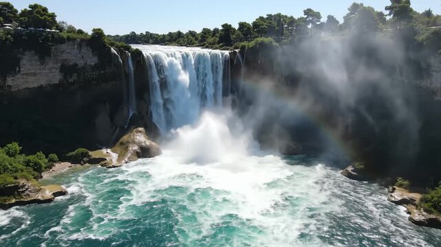 Scenic Waterfall Flowing Over Rocky Cliffs With Rainbow Mist