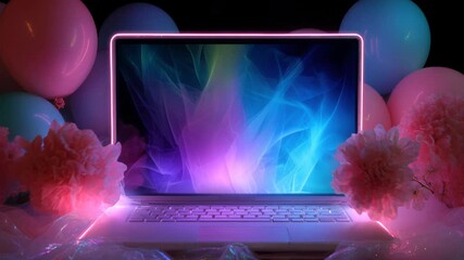 neon laptop screen with floating florals, pastel pink and blue glow, soft fog and glitter, balloon decor, velvet backdrop, illuminated keyboard, animated - Powered by Adobe