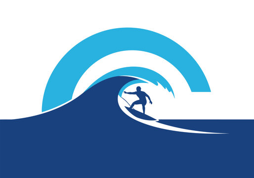 Surfer riding ocean wave under blue curved sky in bold silhouette design