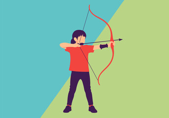 Colorful flat design of young archer aiming bow on two-tone background