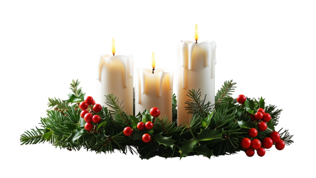 Three lit white pillar candles with festive evergreen and red holly berries