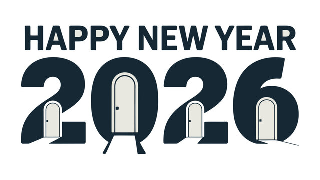 New Year 2026: A visual representation of the upcoming year, showcasing a fresh start and endless opportunities, with doors incorporated into the numerals, symbolizing new beginnings and pathways.