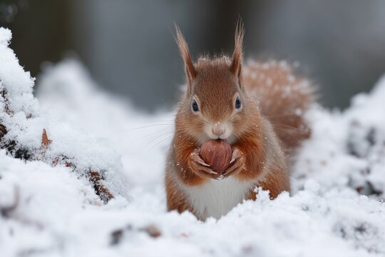 A squirrel clutching a nut amidst a snowy winter setting, highlighting the creature?s survival instincts in cold weather.