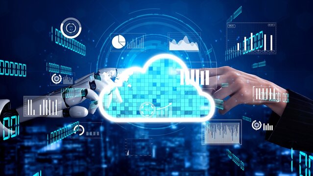 A captivating visual representation showcasing the synergy between human and robotic elements in cloud computing, highlighting data visualization and futuristic technology themes. Xenic