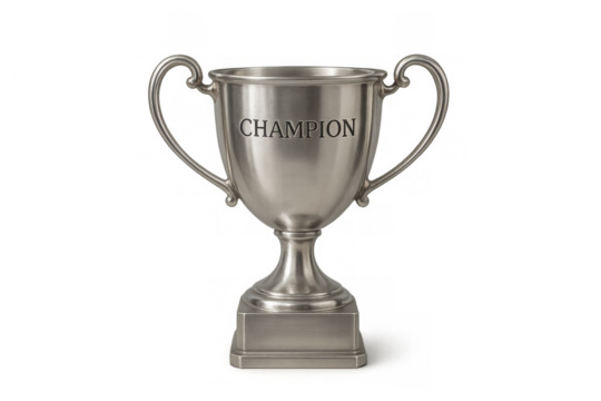 Shiny silver trophy cup with the word champion engraved, symbolizing award, first place, and sporting excellence