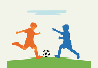 Children playing soccer silhouette on grass with a cloudy sky background