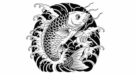 Detailed Koi Fish Illustration with Flowing Water Design.