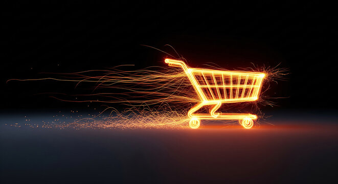 Glowing shopping cart made of orange fire sparks moving fast with light trails on dark background, concept of speed delivery, hot sale, flash discount and rapid e-commerce