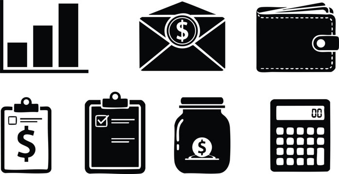 Financial management icons including graphs, wallet, calculator, and money jar for effective budgeting and accounting strategies 