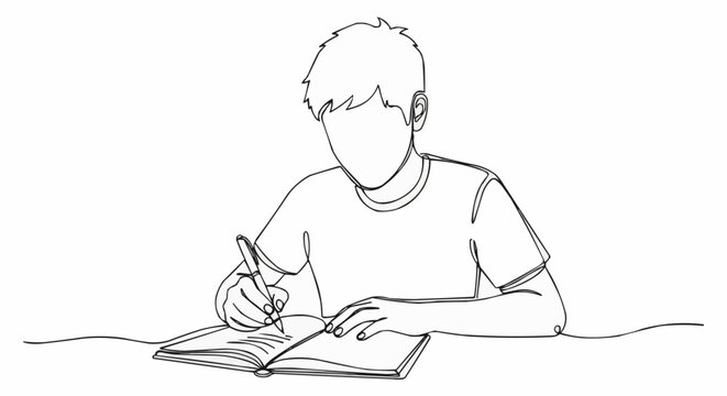 Continuous line drawing of a young man writing in a notebook.