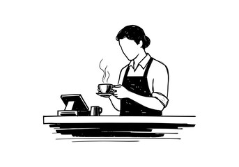 Barista holding coffee cup behind counter in minimalist line art style