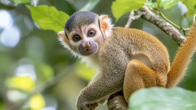 A curious young squirrel monkey with wide eyes sits on a tree branch surrounded by lush green leaves