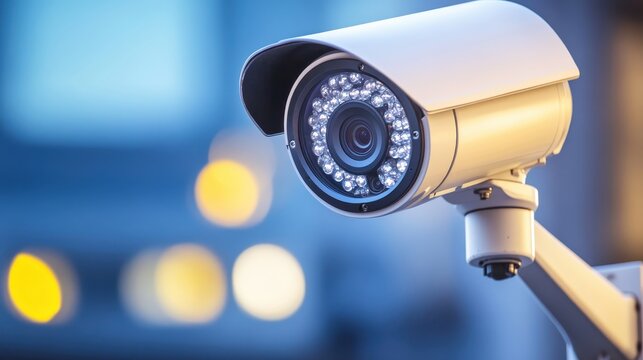 A close up of a modern white security camera with an infrared array for surveillance and monitoring