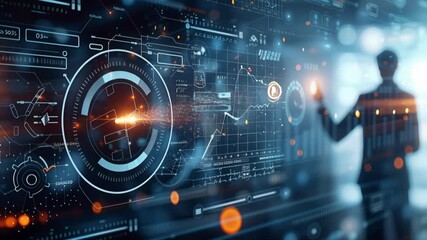 Silhouette executive interacting with holographic dashboard, analyst gestures to glowing world map while operator reaches for circular control, ambient blue - Powered by Adobe