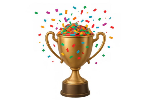 Golden trophy cup receiving colorful falling confetti, signifying victory, achievement, success, and celebration on transparent background