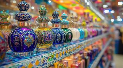 Fototapeta premium A Display of Ornate Perfume Bottles on a Decorative Shelf