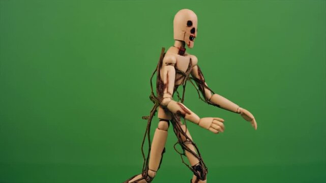 Wooden mannequin with wires against a green screen, depicting a zombie-like figure.