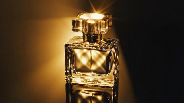 Luxurious Perfume Bottle Elegantly Displayed With Golden Light Reflections On A Dark Reflective Surface Macro Shot