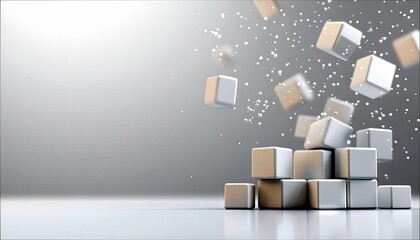 A collection of white cubes are depicted in various states of motion, some falling and others stacked, against a clean, gradient background.