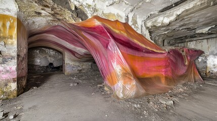 Abstract sculpture of draped colored plastic sheeting in abandoned industrial interior