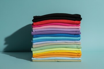 Stack of folded colorful shirts on teal blue background with shadow