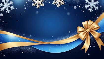 Festive winter background with golden bow and ribbon, snowflakes, blue bokeh
