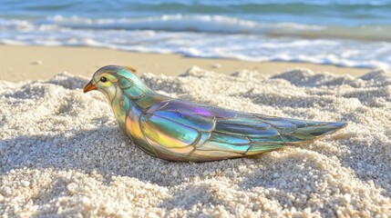 A miniature iridescent shell sculpture of a dove rests on a sandy beach with gentle waves in the background