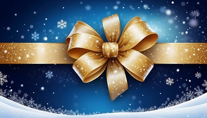 Festive winter background with golden bow and ribbon, snowflakes, blue bokeh