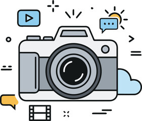 A modern illustration of a digital camera surrounded by media and cloud icons, representing photography, video, and online sharing.
