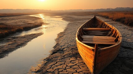 An old wooden boat rests on a cracked dry riverbed at sunset