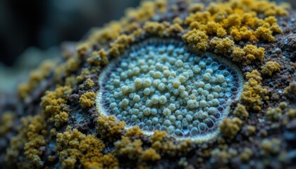 Macro photograph showcasing vibrant colors and intricate cellular structures on a rock surface