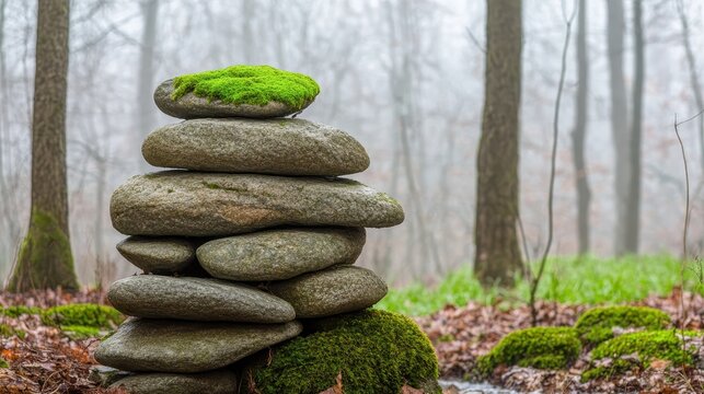 A tranquil stack of smooth grey river rocks covered in vibrant green moss rests in a misty forest setting with dappled sunlight filtering through the trees