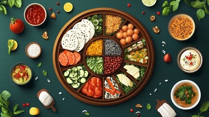 cultural fusion food vector infographic showing global cuisine pairings and flavor wheels, flat design vector art